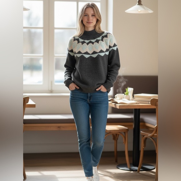 Banana Republic Fair Isle Sweater Women's L Gray Blue High Neck Relaxed Chunky - Picture 2 of 16